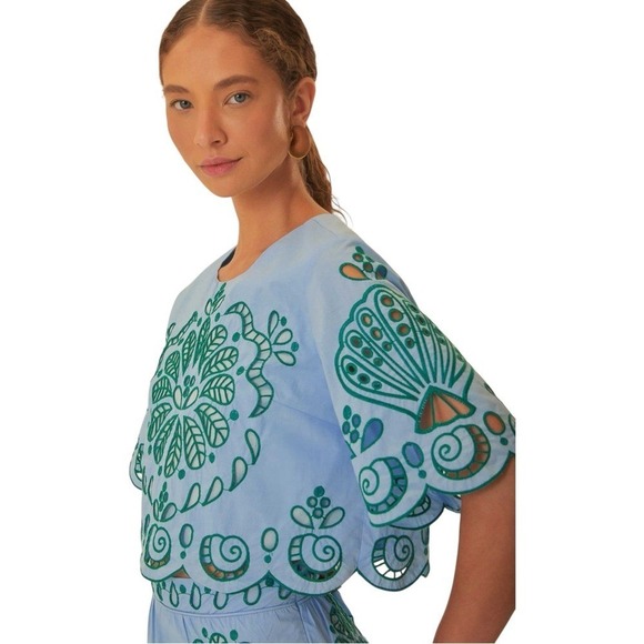 NEW FARM RIO Light Blue & Green Eyelet Embroidered Richelieu Crop Top XS $190 - Picture 3 of 8